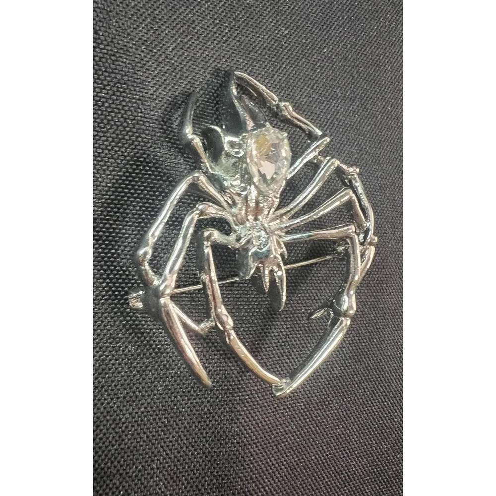 Large Silver‎ Tone Spider Brooch Clear Rhinestone Statement Halloween Gothic